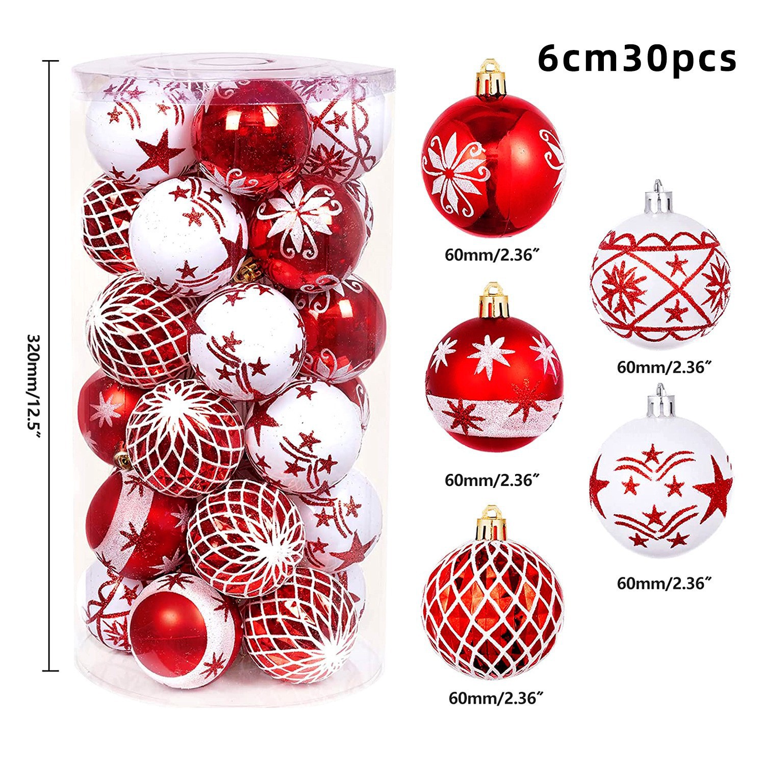Navidad transfronteriza 6cm30PCS rojo y blanco pintado galvanizado bola de Navidad de plástico árbol de Navidad atmósfera festiva