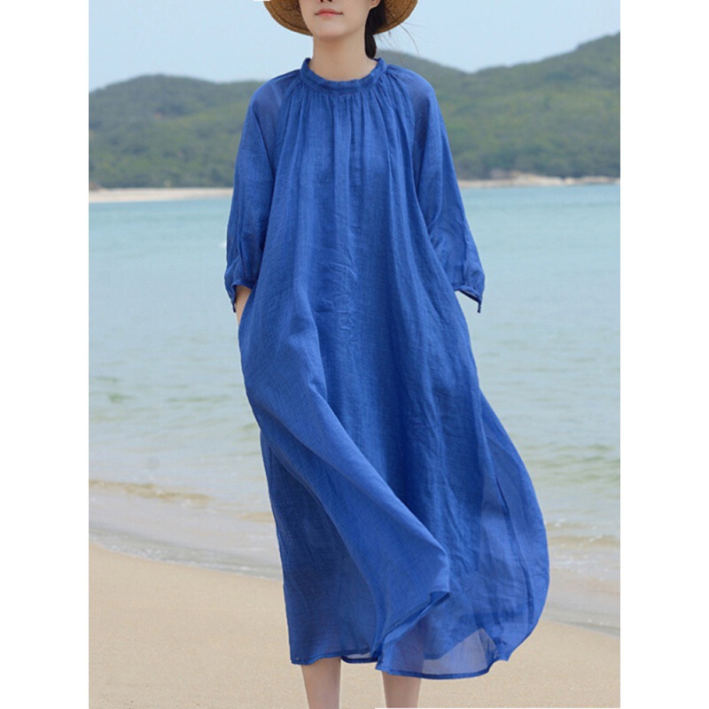 Ramie Dress Women's Summer Robe Buddha Style Zen Style Retro Art Tea Clothing Loose Holiday Long Dress Large Swing