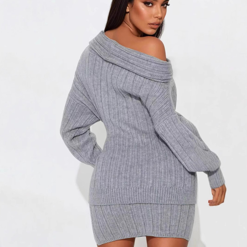 European and American New Style off-shoulder Pit Long-sleeved Pullover Sweater Women's Autumn Elegant suit Knitted Skirt Two-piece Set