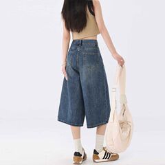 女性用ワイドレッグクロップドジーンズ夏薄手2025新作ハイウエストリラックスレイジースタイルストレートレッグミッドパンツ