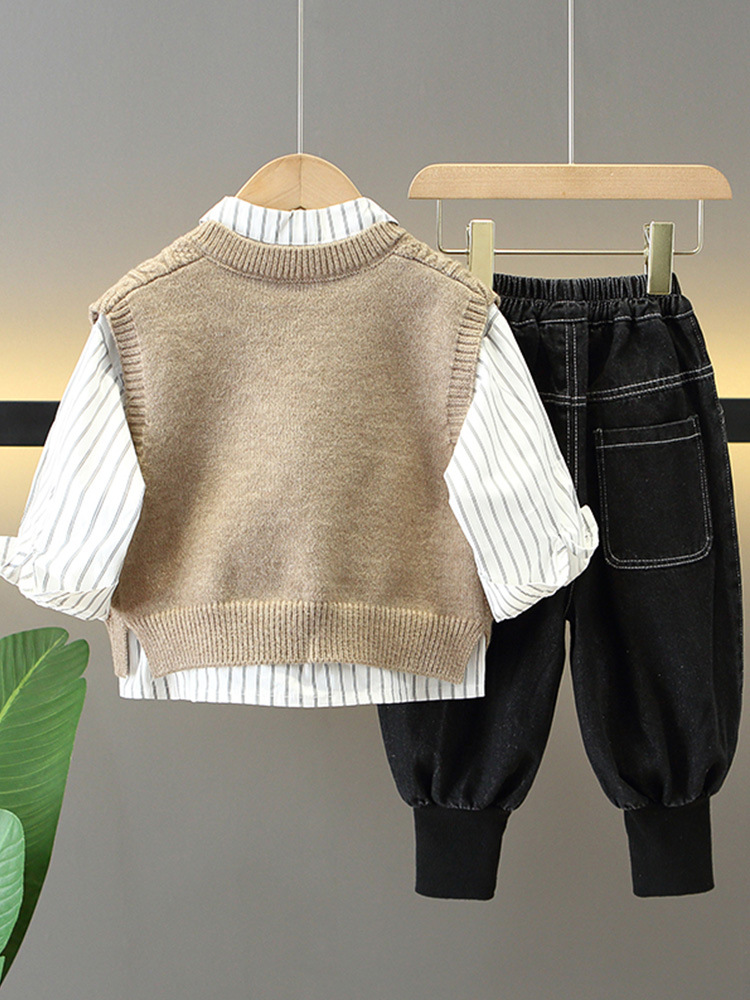 6341 Traje de otoño para niños 2025 Nuevo estilo coreano Chaleco de lana para niños pequeños Camisa de bebé de tres piezas