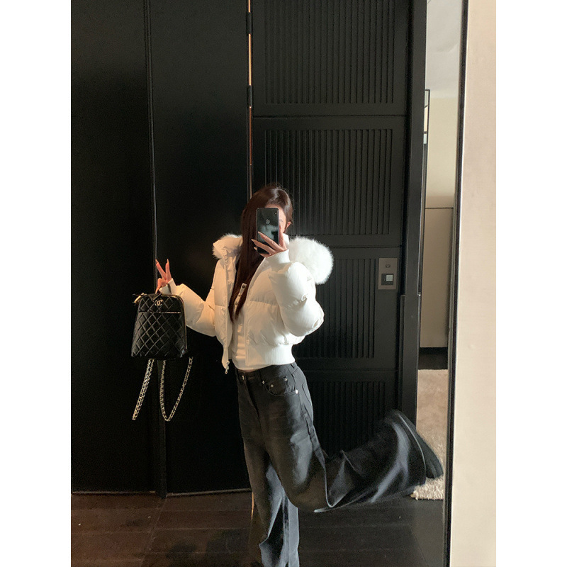 现货芬兰雪境 冬季毛领连帽白鸭绒收腰加厚短款羽绒服女外套|undefined