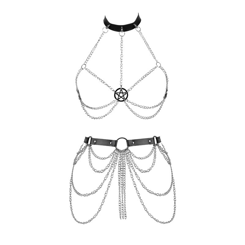 Harajuku Gothic Pu Leather Body Chain Garter Belt Bundle Bondage Set Leather Integrated Fashion Accessories Waist Chain