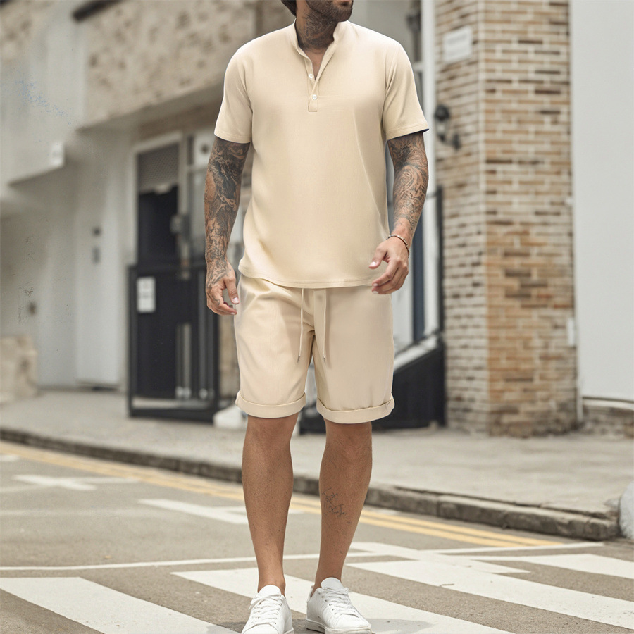 Men's Henley T-shirt And Shorts Set Casual Summer Solid Colour_voghion.com