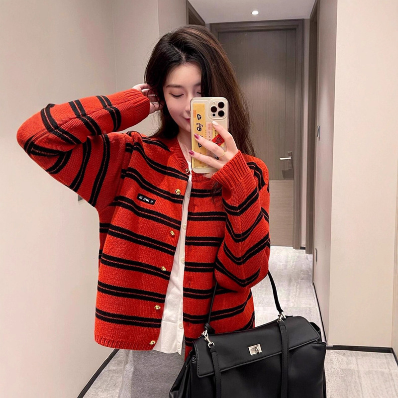 New Year's Limited Edition Red Stripesd Long-Sleeved Knitted Cardigan for Women in the Year of Birth, Autumn and Winter Fairy New Year's Greetings Sweater Jacket