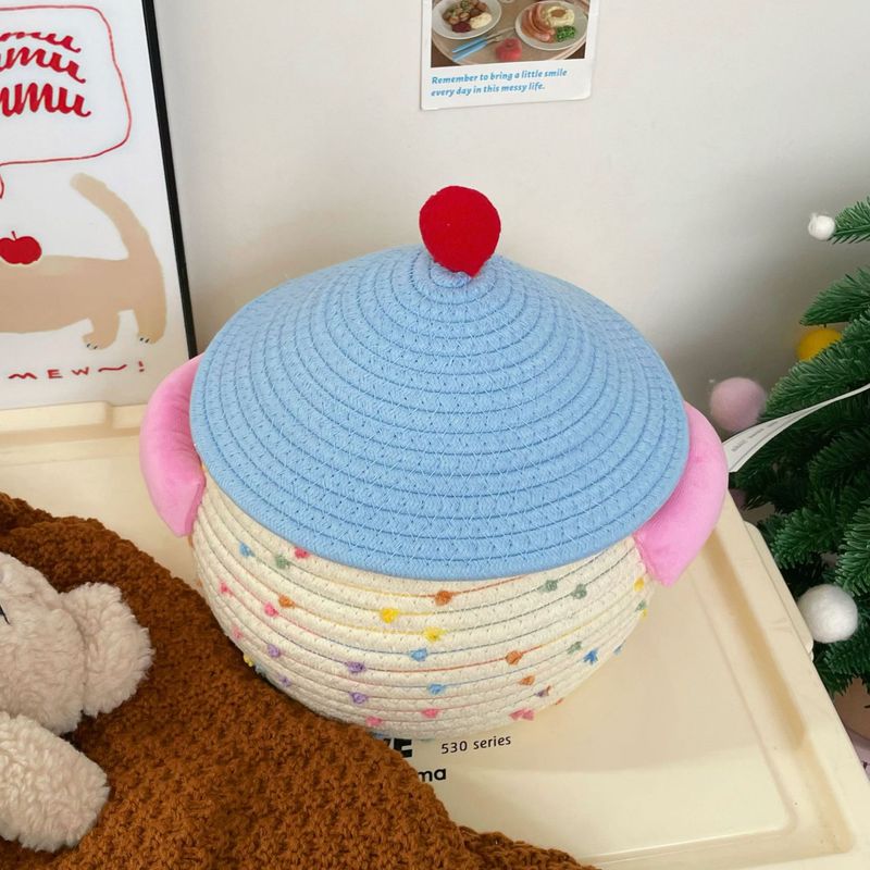 かわいいリボン付き*ins風綿糸編み収納バスケット 家庭用デスクトップ雑貨・お菓子収納バスケット 蓋付き収納バスケット|undefined