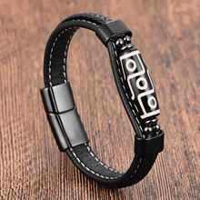 黑色皮绳牛皮男士双层不锈钢天然石编织手链手工多层皮革手镯