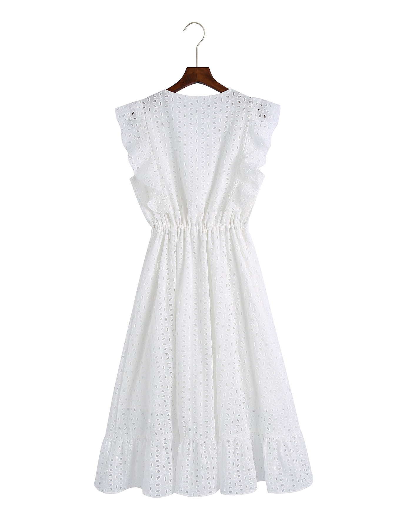 White Flying Sleeve V-Neck Hollow Lace-Up Dress NSLQS101205