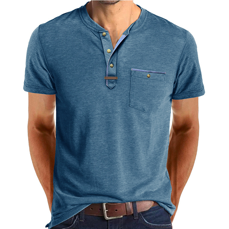 Summer Cross-border European and American Men's Short-sleeved Henry Collar T-shirt Amazon Men's Casual Round Neck Top Foreign Trade Clothing