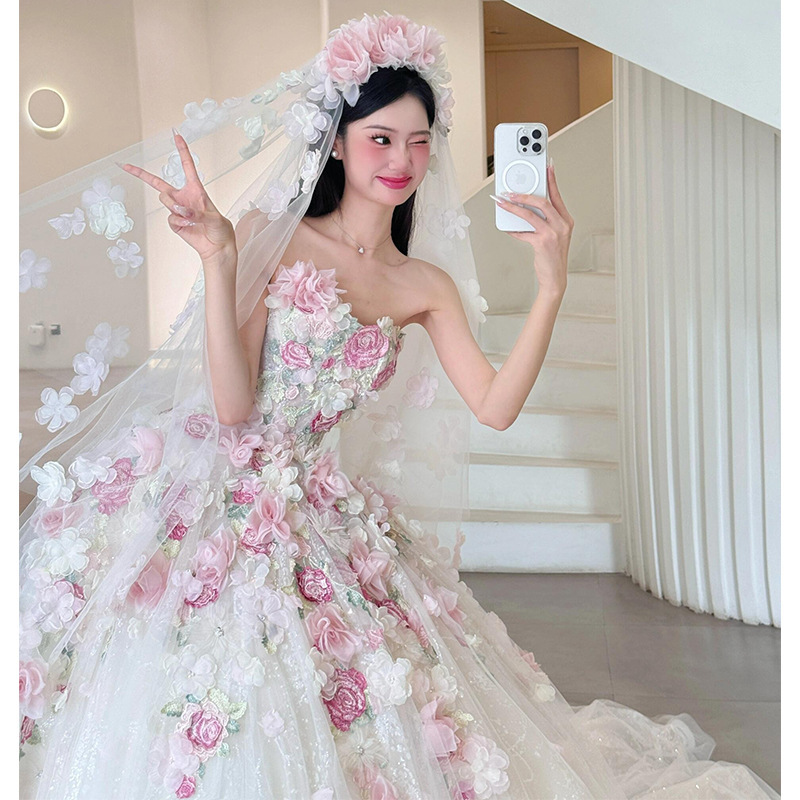 Strapless Wedding Dress for Petite Brides, 2026 New Style, Runaway Princess Style, Light Pink Floral Dress