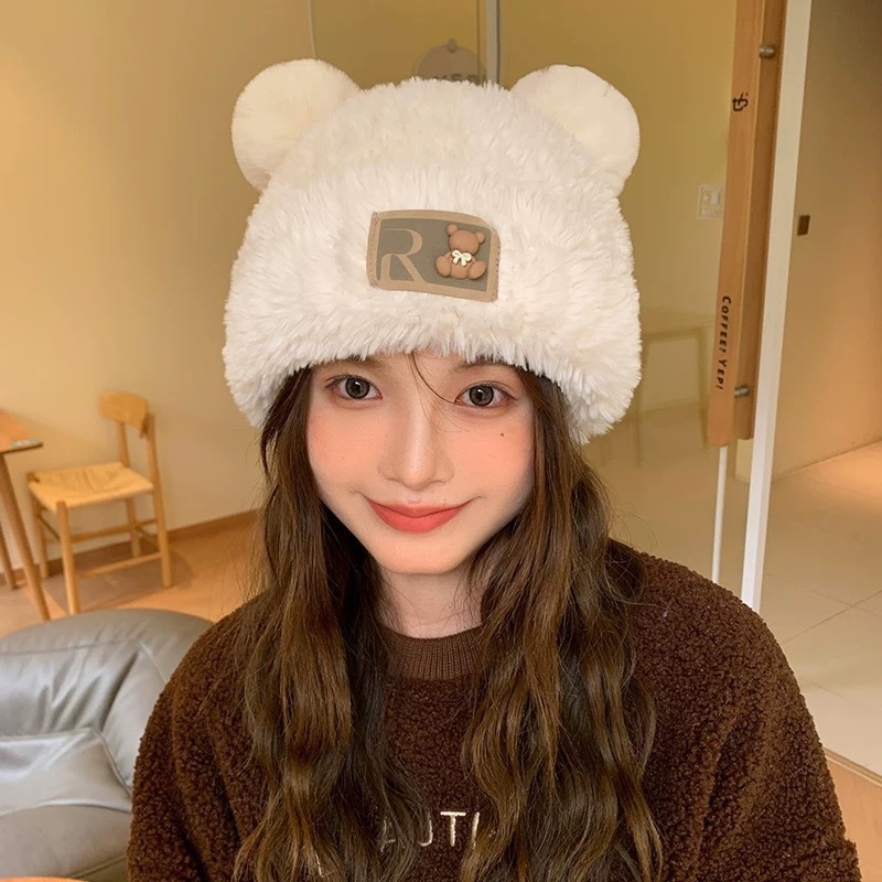 女性の冬の韓国のかわいいクマの帽子ぬいぐるみニット帽子厚く暖かい耳保護防寒防風プルオーバー帽子|undefined