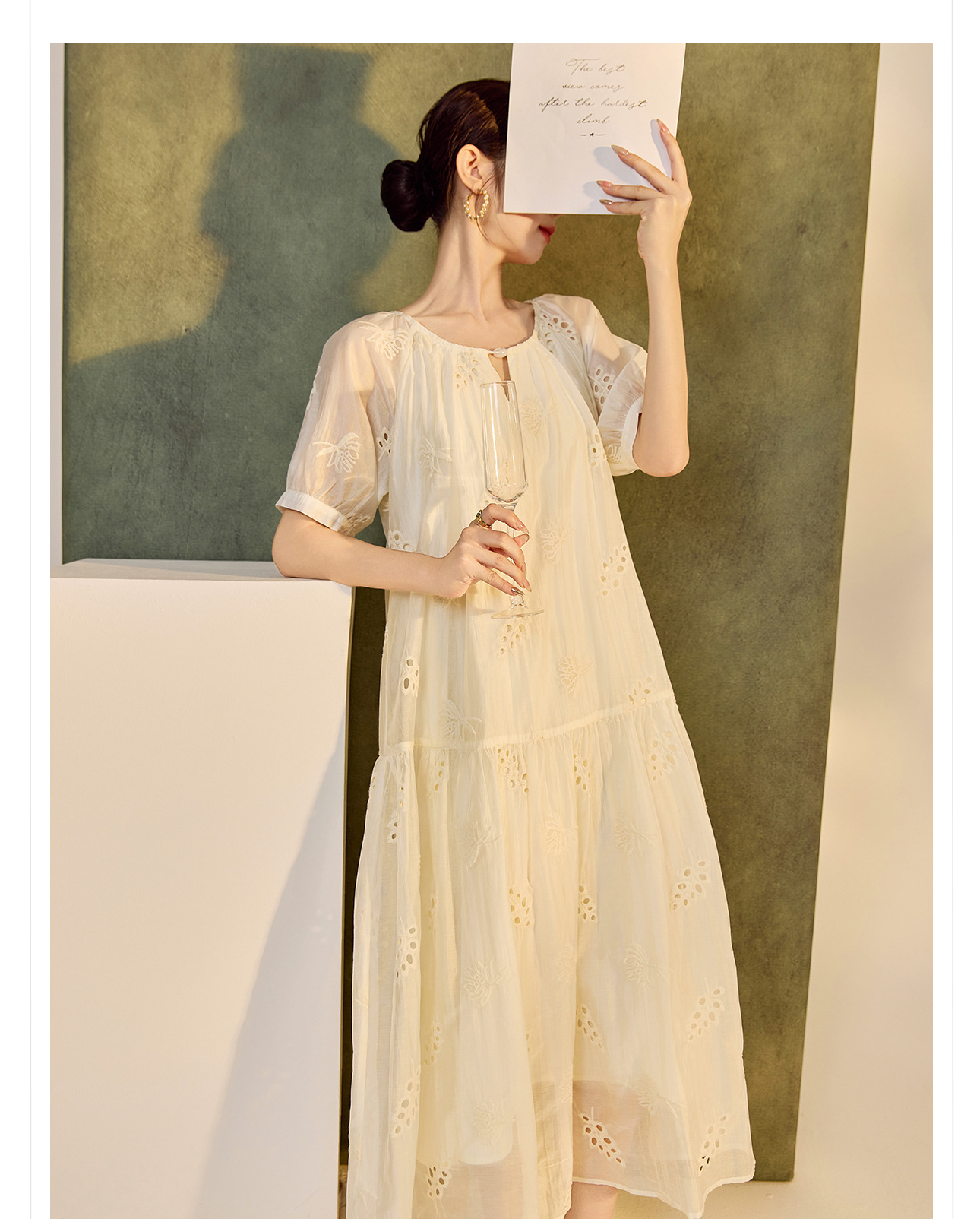 Váy suông midi Tencel phong cách Trung Quốc mới tay ngắn cổ tròn — Màu trắng be chi tiết 10