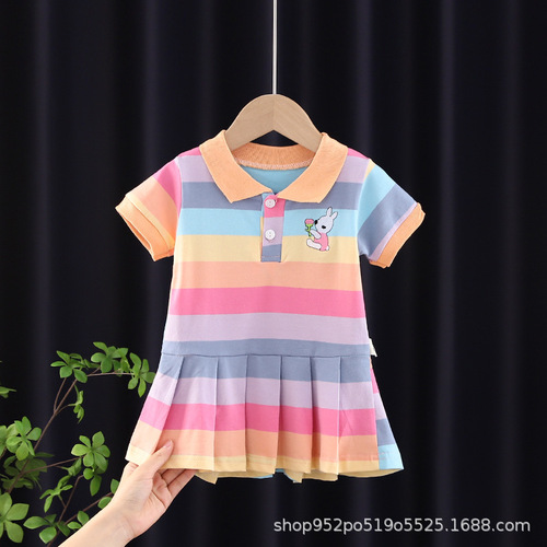 Girls' Summer Dress for 1-2-3 Years Old, 4 Girls' Fashion Summer Outfit for Infants and Toddlers, Collared Striped Short-Sleeve Pleated Skirt