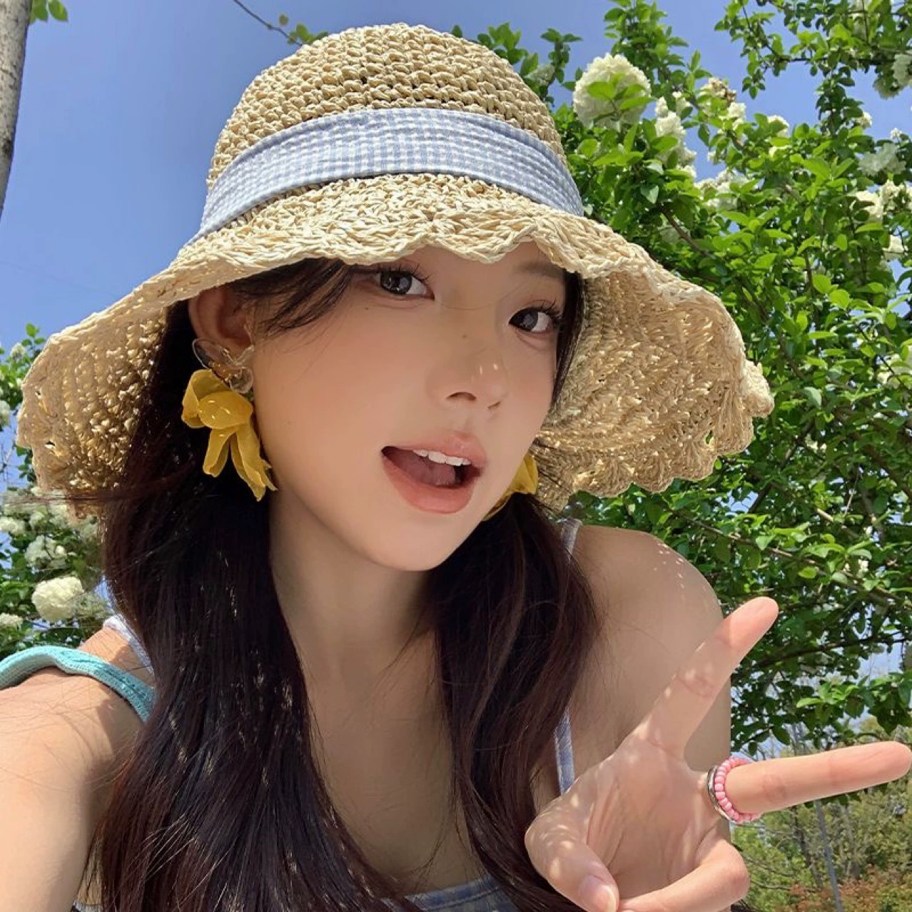 Straw summer beach hat with bow solar-powered, sun protection, beach style
