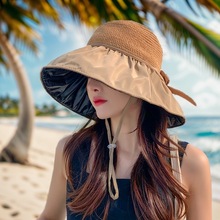 夏季黑胶防晒帽女士遮阳遮脸帽大檐折叠帽圆顶镂空渔夫帽太阳帽子