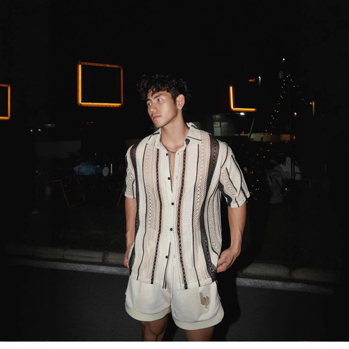 American Retro Striped Hollow-out Short Sleeve Shirt for Men - Summer, Minority Couple Vacation Casual Loose Matchy Matchy Fashion Shirt