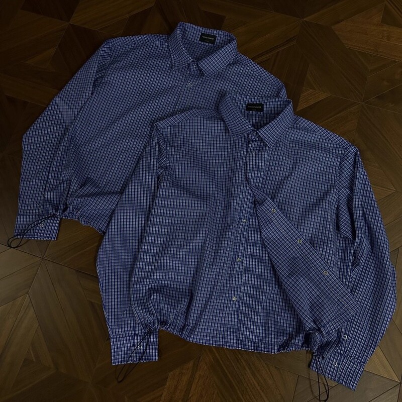 Handmade Pleated Royal Blue Plaid Long-Sleeved Shirt Spring & Fall Cleanfit Stereo Short Wide Drawstring Shirt Miu Series