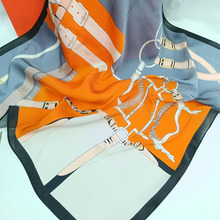 街头甜酷风桔拼色皮带扣重磅真丝素绉缎桑蚕丝丝巾70中方巾披肩