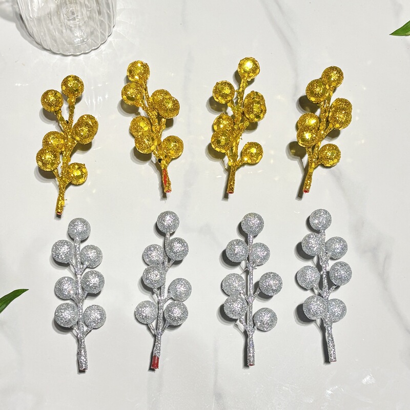 Christmas Decorations Fortune Fruit Gold Powder Berries Christmas Tree Garland DIY Accessories Artificial Gold and Silver Red Fruit String Cuttings