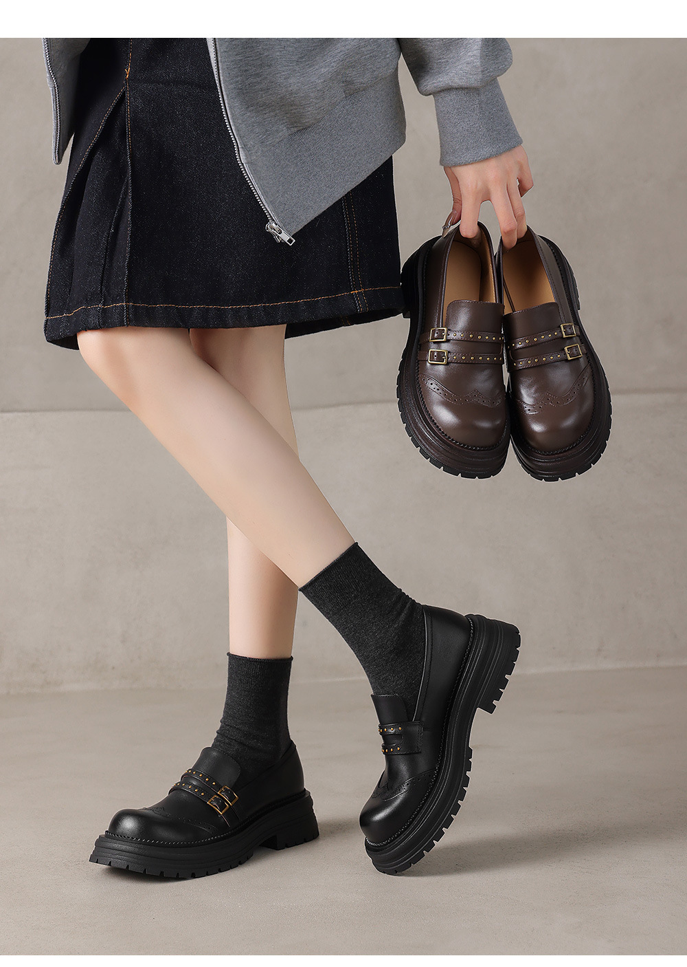 Giày cao gót nữ mũi tròn bít phong cách vintage, đế dày khóa đinh tán, gót thô ổn định — màu nâu chi tiết 2