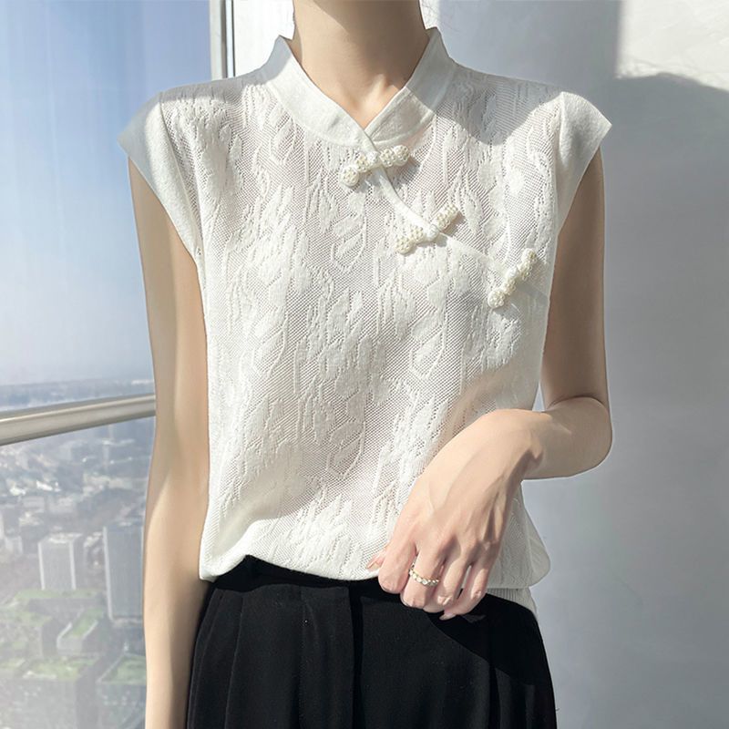 National Style Stand-Up Collar Buttoned Ice Silk Short-Sleeve T-Shirt for Women, Summer New Hollow-Out Lace Thin New Chinese-Style Knit Top National Style Stand-Up Collar Buttoned Ice Silk Short-Sleeve T-Shirt for Women, Summer New Hollow-Out Lace Thin New Chinese-Style Knit Top