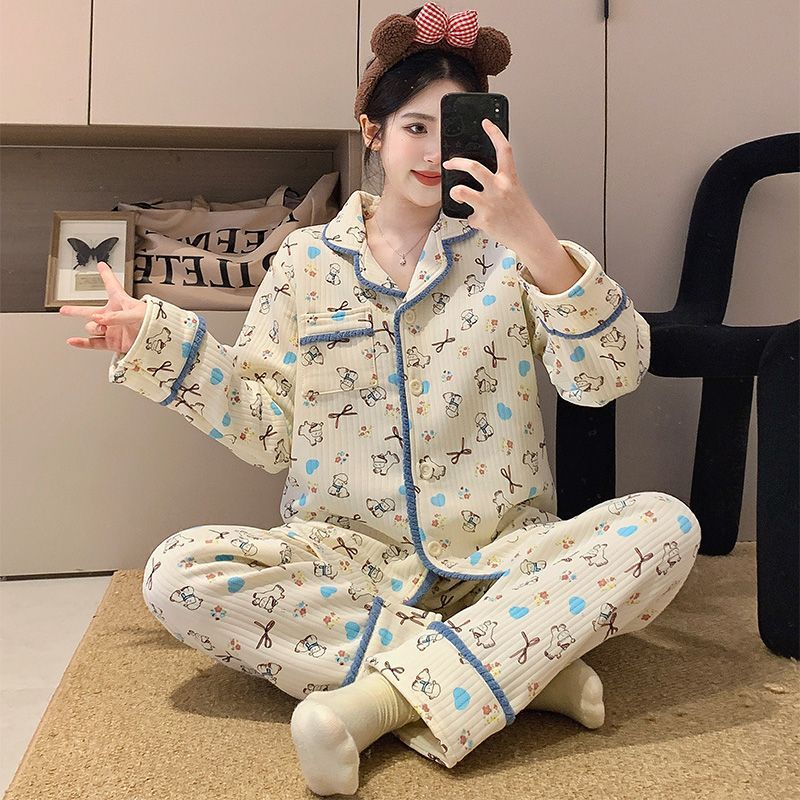 空气棉夹层睡衣女秋冬季新款加厚甜美简约开衫长袖套装保暖家居服|undefined