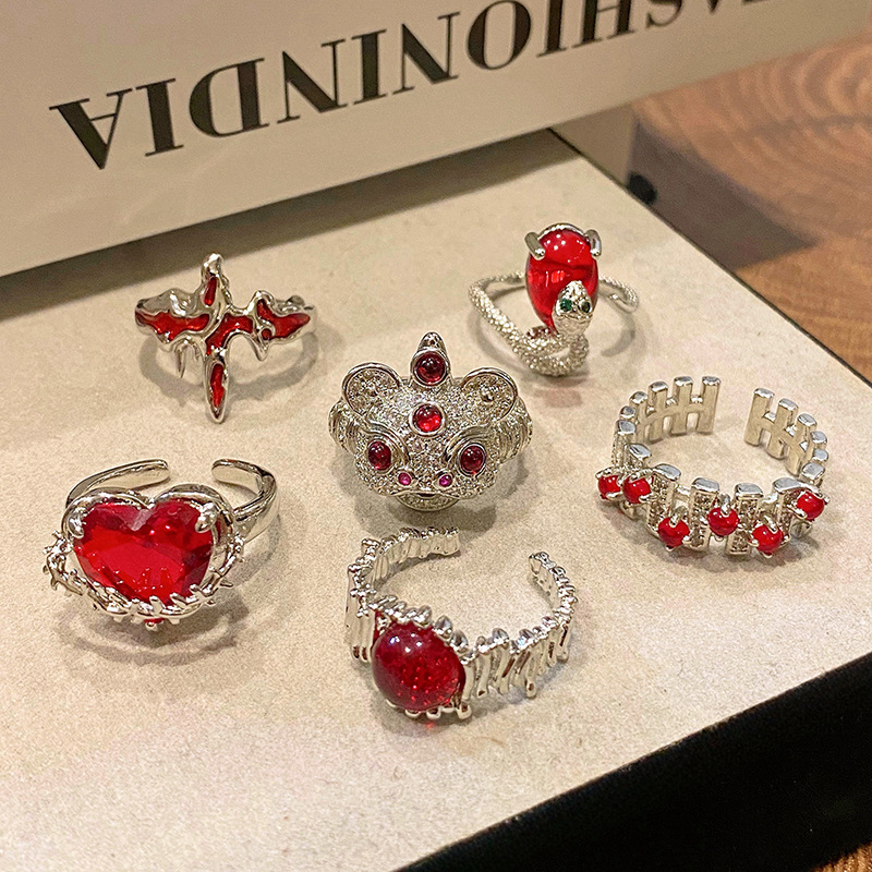 醒獅輕奢高級感紅色鋯石開口戒指復古時尚誇張個性雄獅ins風指環