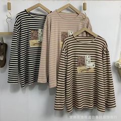 823434森の女性の色合わせの漫画のストライプのゆったりした長袖のtシャツの女性の早秋の新型の怠惰で快適な底の小さいシャツ