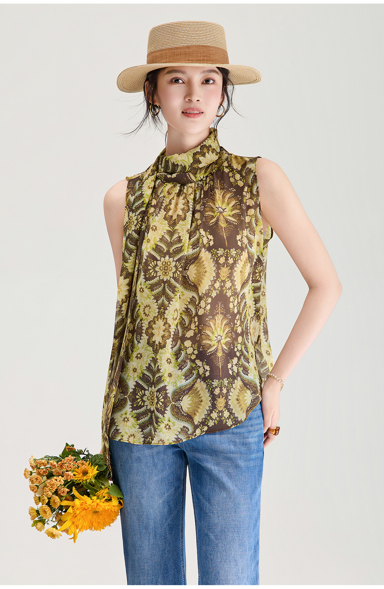 Áo hai dây nữ chất liệu chiffon in hoa, phối dây lụa, phong cách thanh lịch mùa hè — màu xám chi tiết 2