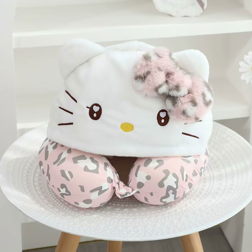 ヒョウ柄ピンクKTフード付きネックピロー 30CM/0.45kg (アイスシルクメモリーフォーム)
