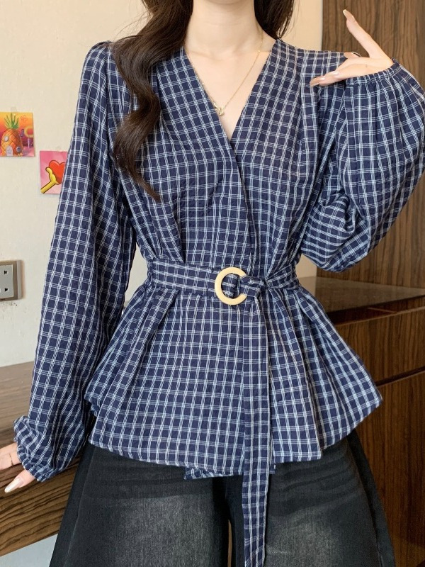 深蓝色格子长袖衬衫女秋装2025新款大码胖mm高级收腰绑带遮肚上衣|undefined
