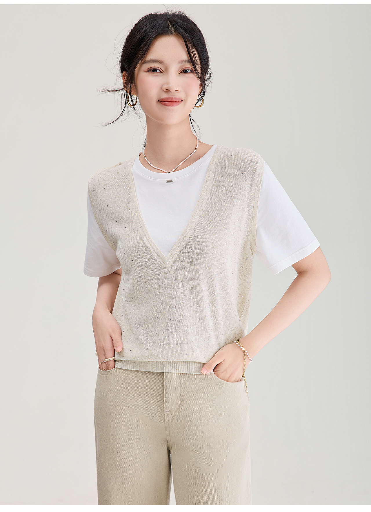 Áo thun tay ngắn phối hai lớp họa tiết dệt kim sợi lanh mùa hè — xám đậm chi tiết 18