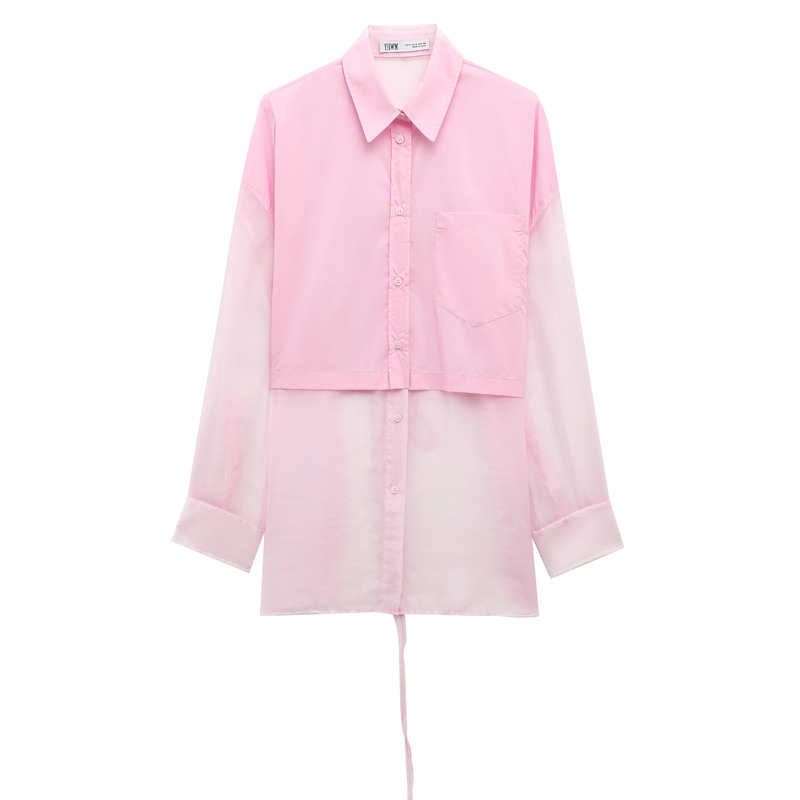 2025 Summer Fashion Women's Clothing Transparent Organza Stitching Long Loose Shirt Belted Top 2025 Summer Fashion Women's Clothing Transparent Organza Stitching Long Loose Shirt Belted Top