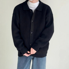 藏蓝色针织开衫外套男高级感春秋款韩版潮流慵懒风翻领毛线衣夹克
