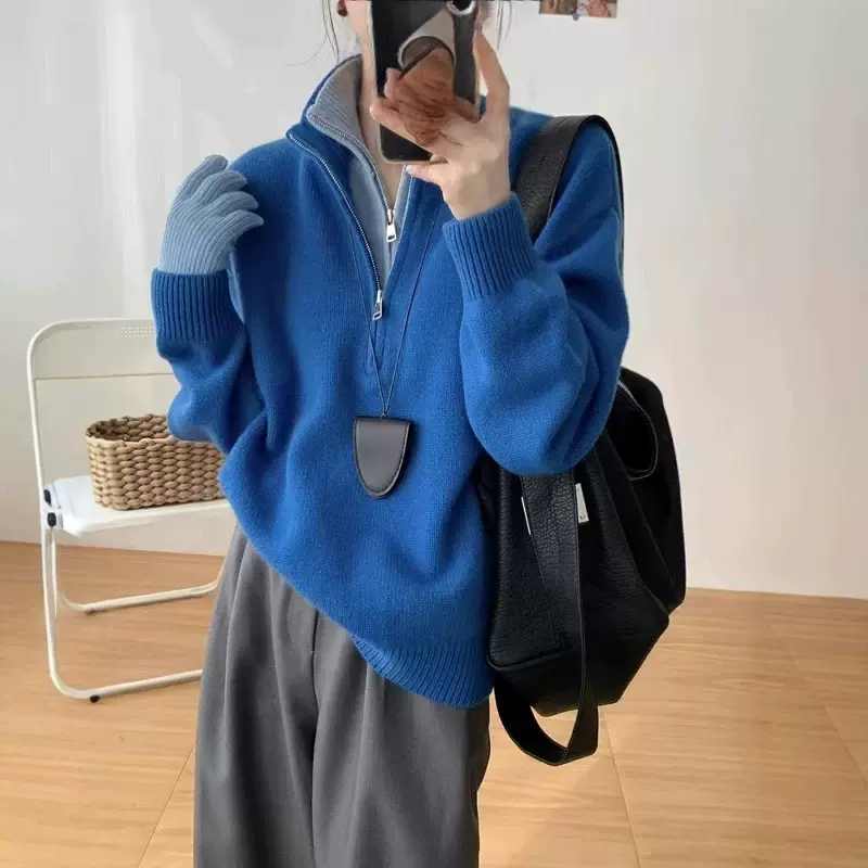 克莱因蓝色假两件半拉链立领毛衣女秋冬设计感独特别致针织衫上衣