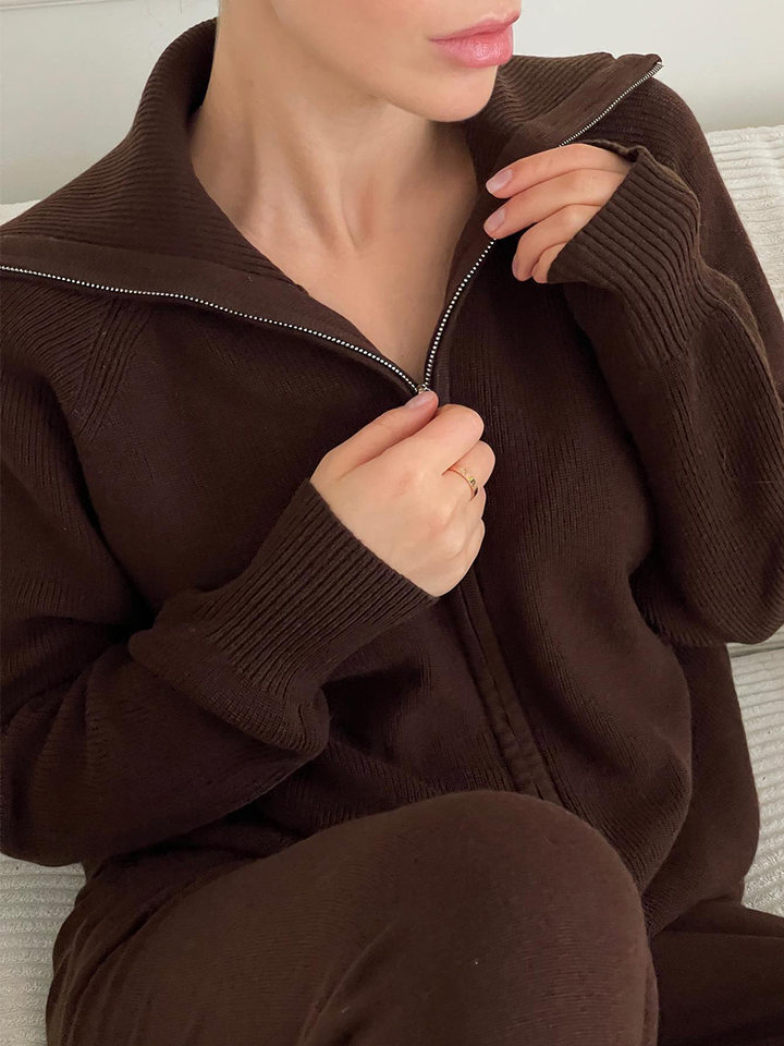 Bộ áo cardigan dệt kim khóa kéo phối quần dài ống rộng nữ — màu bột yến mạch, màu nâu, màu xám, trắng chi tiết 59