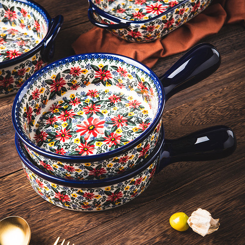 Creative Exotic Daisy Engraved Bohemian Handle Ceramic Baking Pan Bowl Cheese Bake Rice Tableware Dual Ears Oven Use