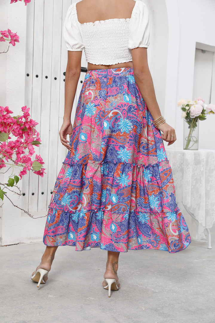Real Shot Of Cross-border Foreign Trade 2025 Summer New Bohemian Resort Style Printed Flared Skirt For Women_ecoleips.com