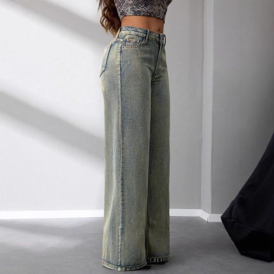 Model Real Shot -65780# Amazon Cross-border Women's Wear Europe and America Foreign Trade Old Retro Loose Wide Leg Jeans