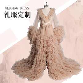 小众新娘结婚拍照晨袍网纱蓬蓬大码遮肚披肩性感香槟色V领长袖女