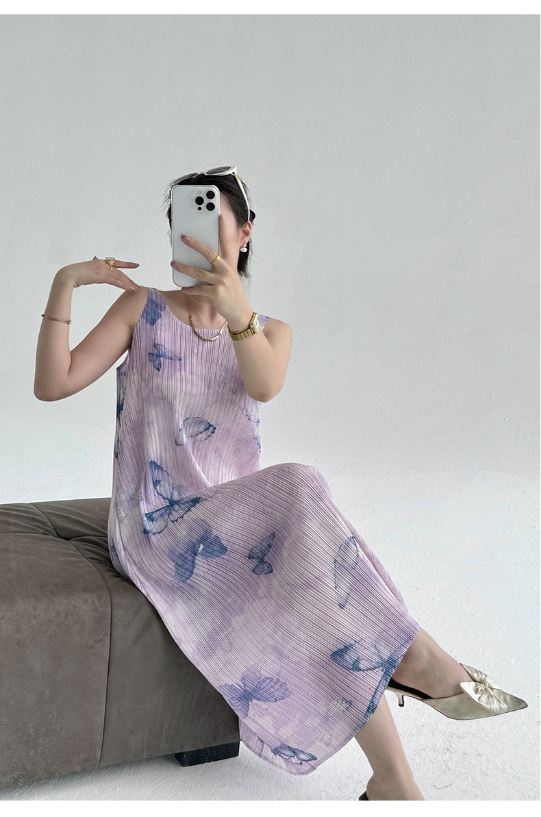 Đầm suông midi in họa tiết bướm gradient phong cách Pháp — màu tím nhạt chi tiết 10