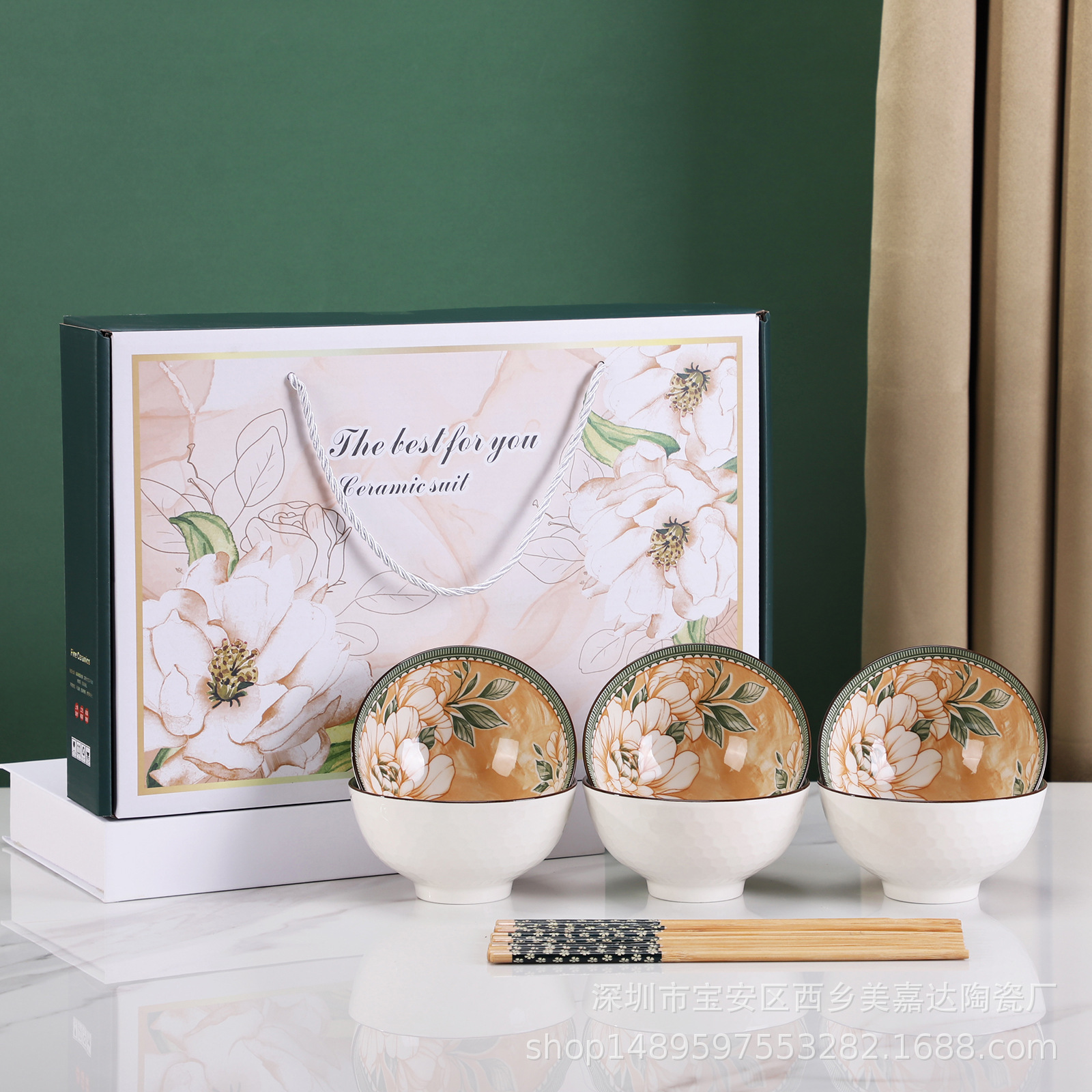 Regalo bohemio tazón de cerámica y palillos traje al por mayor tazón y plato traje hogar tazón de arroz vajilla conjunto tazón caja de regalo traje