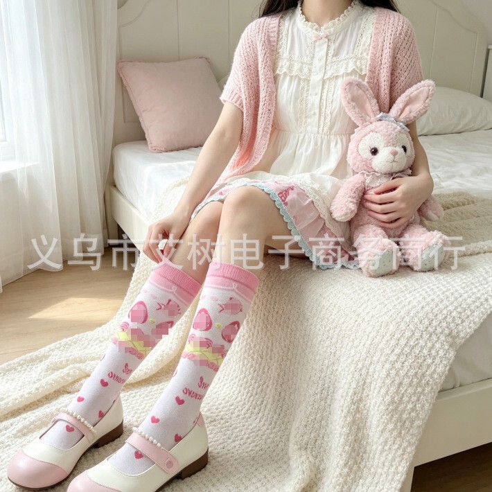 Sweet printed pink strawberry cake lolita socks, cute princess-style calf socks for girls