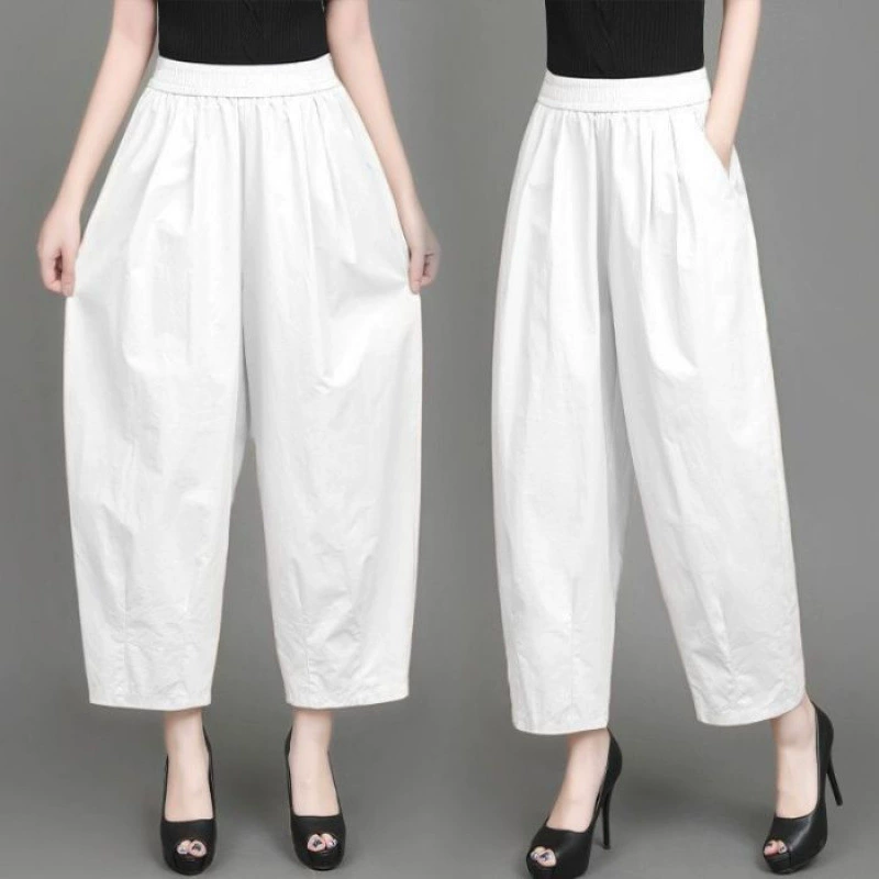 Большие размеры, тонкие свободные девятиточечные брюки из чистого хлопка с эластичной резинкой на талии и высокой талией для женщин, летние новые стильные брюки-карго с фонариками, повседневные утягивающие брюки