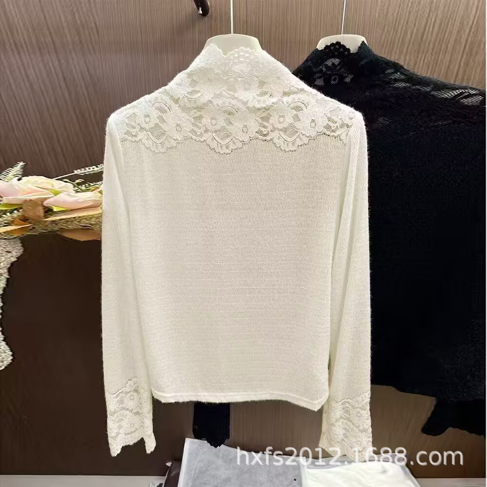 韓国系の高襟レースのフックの花の底のシャツの女性の秋冬の高級感は純色の中で名媛の風のネットの紗の上着のファッションを配合します。