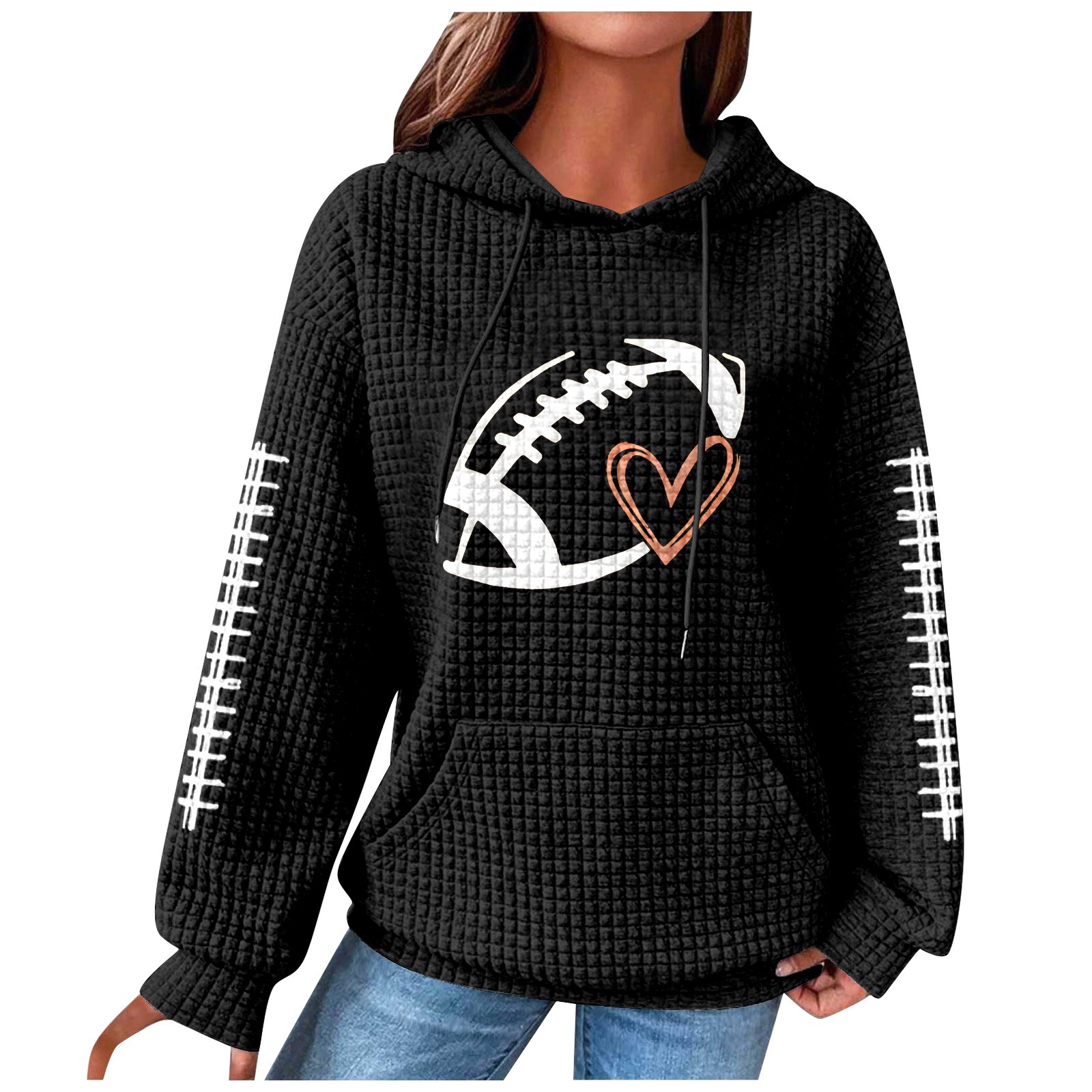 Women's Rugby Hoodie Waffle Knit Pullover Sweatshirt Print_voghion.com