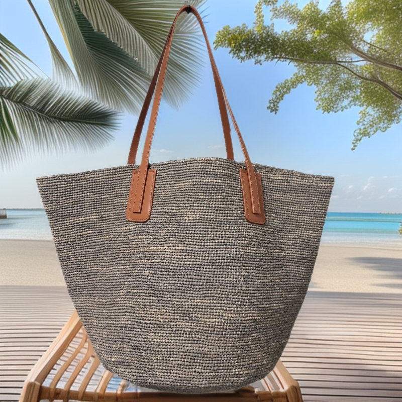 French Style Simple Leather Shoulder Strap Lafitte Woven Bag Women's Seaside Vacation Large Capacity Shoulder Bag Vintage Tote Bag