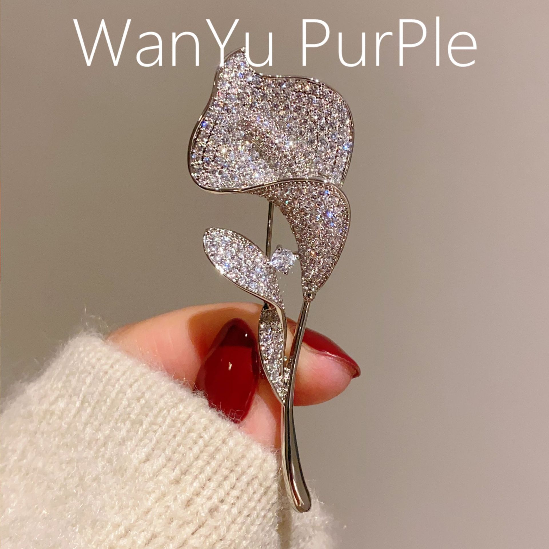 French Retro Full Diamond Tulip Brooch Corsage for Women, Elegant, High-End, Accessible Luxury, Copper-Plated Real Gold Suit Jacket