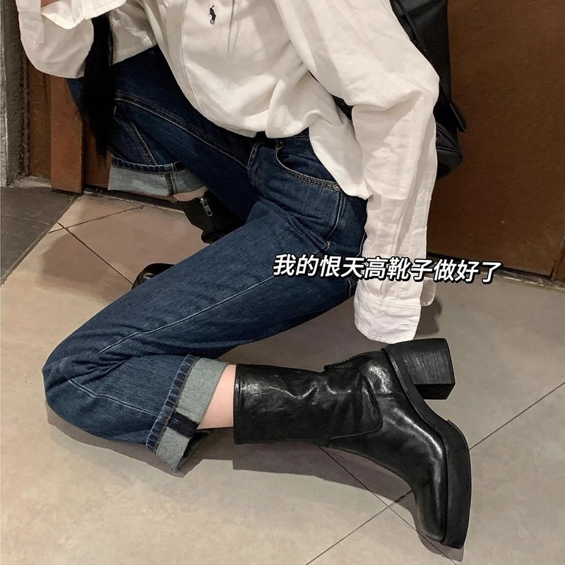 恨天高增高长靴水洗里外全皮拉链高跟靴马丁靴子复古粗跟短靴女鞋|undefined