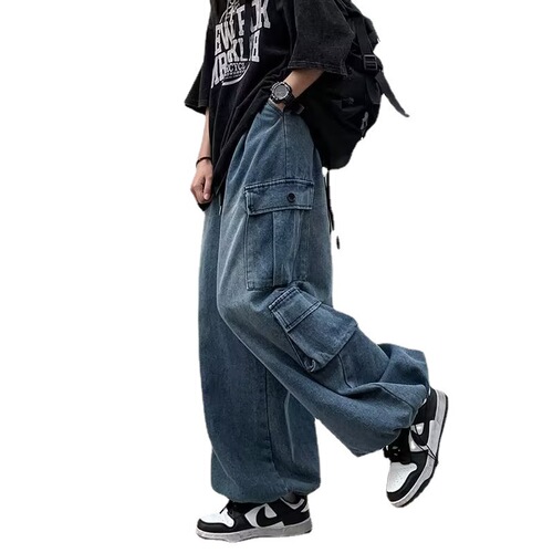 Stylish straight-leg workwear washed mid-rise trendy long pants hip-hop jeans loose straight-leg fashionable autumn and winter men
